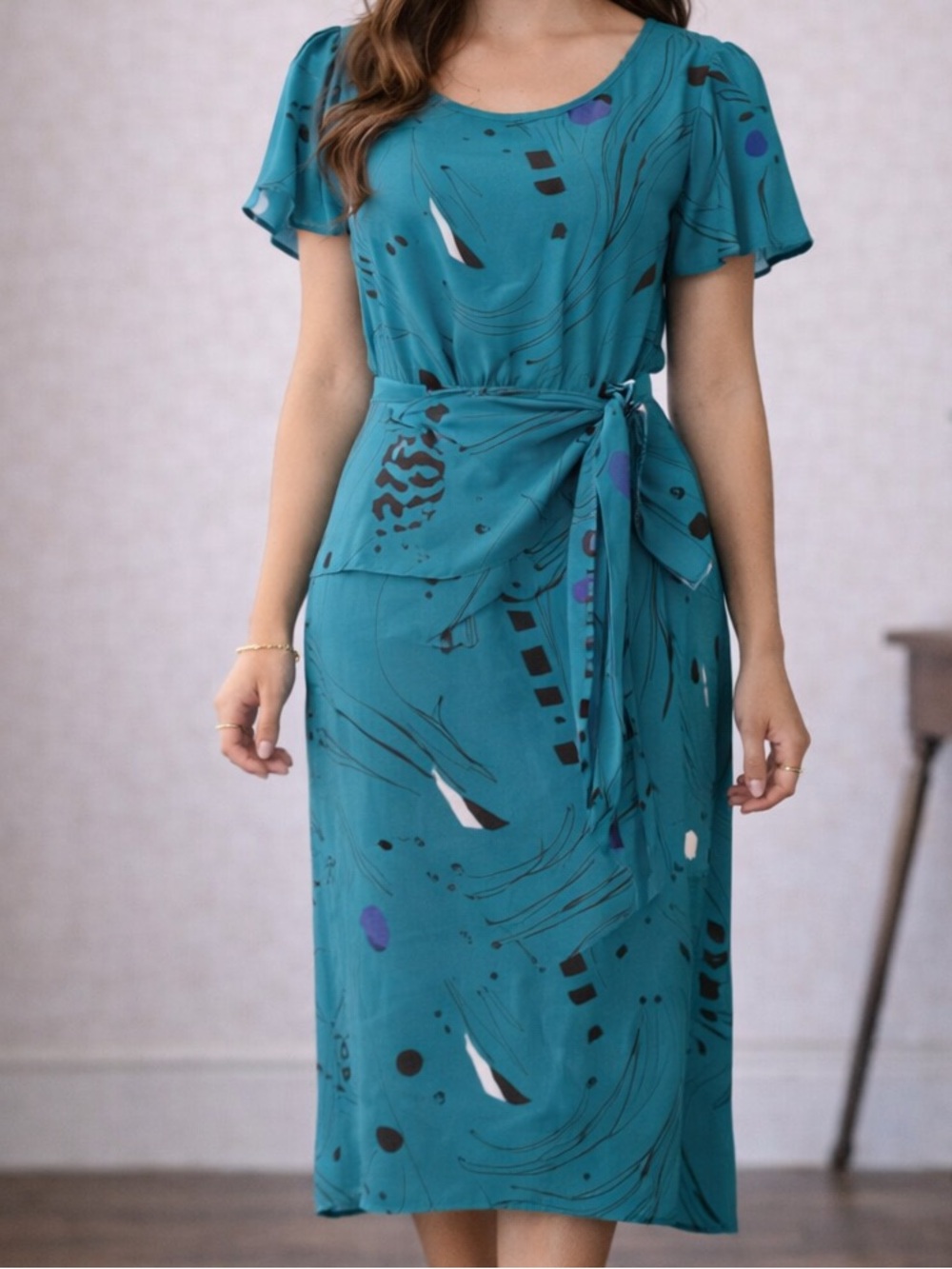 Vintage Jody Dress Teal Midi Tie Waist 80s Size M 9/10